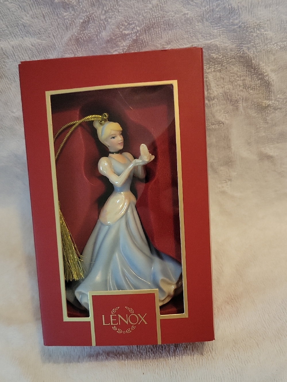 Lenox Cinderella Porcelain Ornament in Light Blue and White with Gold Tassel
